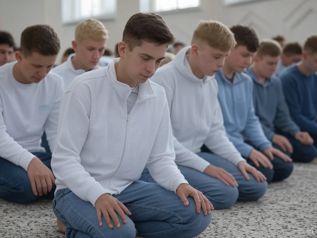 Teens praying in a mosque